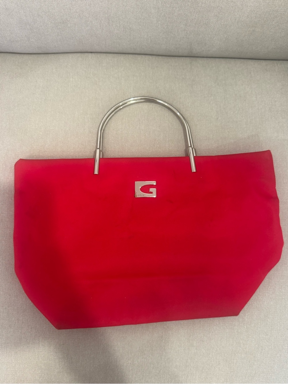 Guess Red Designer Vintage Tote Bag with Silver Handle